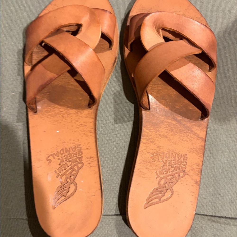 Ancient Greek Sandals Leather Slide Sandals in Tan Brown